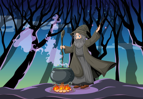 仪器巫师或女巫在黑暗的森林场景中用魔法壶巫师长袍外面