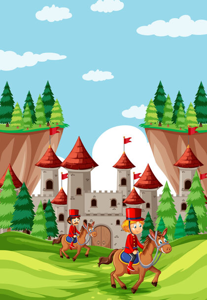男性童话场景与城堡和士兵锦衣卫场景卡通孩子士兵