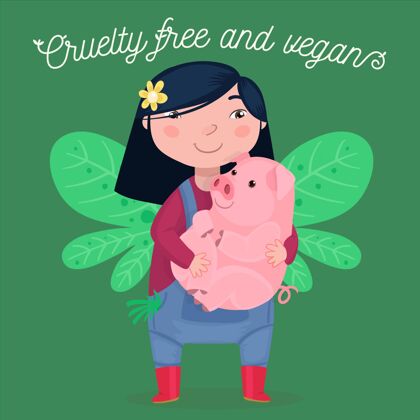 宠物残忍自由和素食主义的信息与妇女举行小猪插图素食插图测试