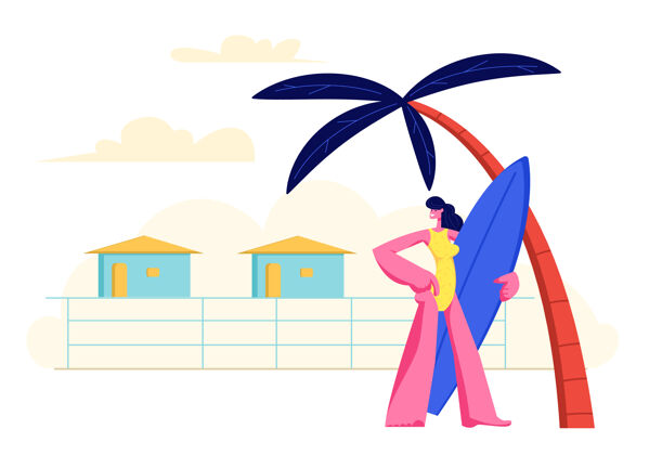 冲浪者手持冲浪板的年轻女孩站在度假别墅背景棕榈树下的沙滩上手背景板