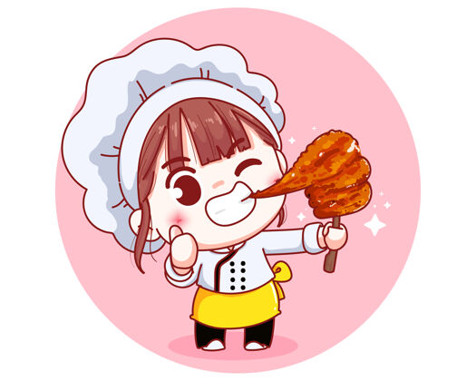 烧烤可爱的厨师与烤串牛奶猪肉泰国食品卡通插图平街头聚会