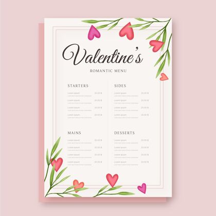手绘情人节植物菜单模板2月14日庆祝情人节