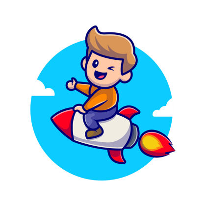 发射可爱的男孩骑火箭卡通图标插图可爱人物男孩