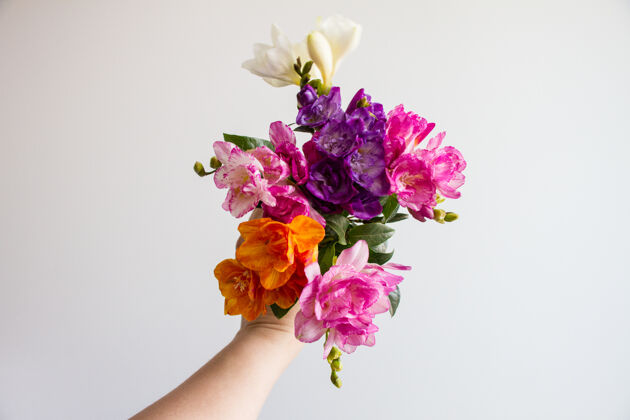 植物女手捧着一束美丽的五颜六色的花束花束充满活力花瓣