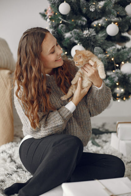 女性房间里的女人穿灰色毛衣的人带着小猫的女人圣诞节动物化妆品