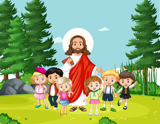 花园耶稣和孩子们在公园里上帝宗教男孩