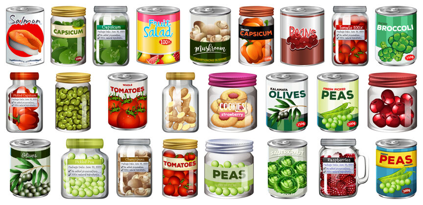吃一套不同的罐头食品和食品罐隔离豌豆食品容器