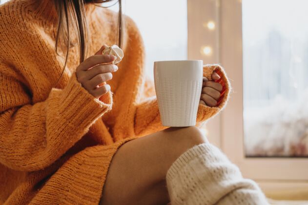愉快在室内端着一杯茶的女人和平冬天季节
