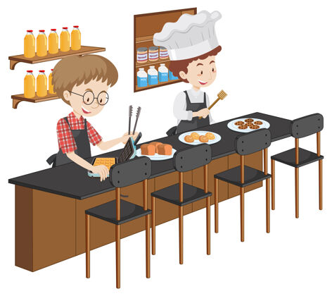商店年轻人烹饪卡通人物与厨房元素的白色背景食谱人成人