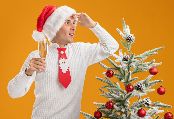 印象深刻印象深刻的年轻帅哥戴着圣诞帽 打着圣诞老人的领带 站在装饰好的圣诞树旁 手里拿着一杯香槟 远远地看着一旁隔离在橙色墙上的人圣诞节圣诞老人圣诞老人