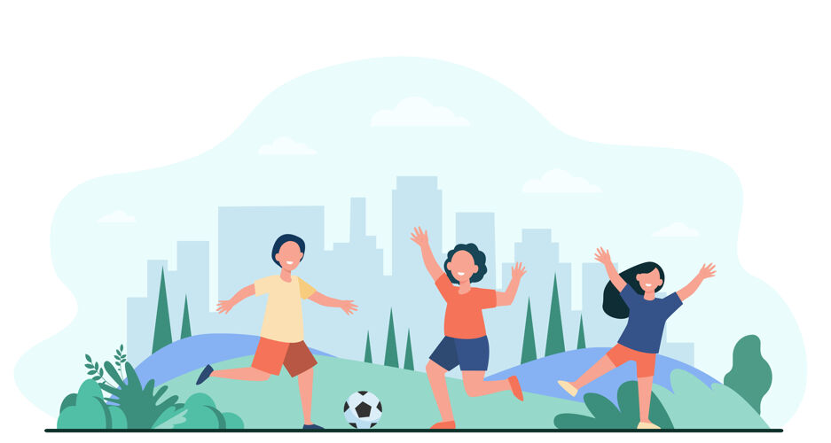 足球快乐活泼的孩子们在户外踢足球平面矢量图卡通儿童角色用足球奔跑运动游戏和操场概念踢乐趣插图