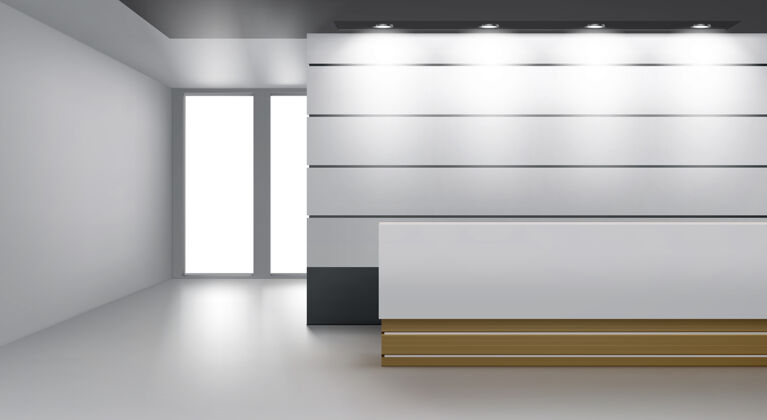 照明接待室内配有现代化的办公桌 天花板上的照明灯和玻璃门3d门舒适
