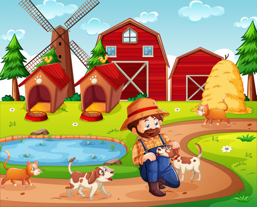 狗有红色谷仓和风车的农场场景五颜六色家养毛皮