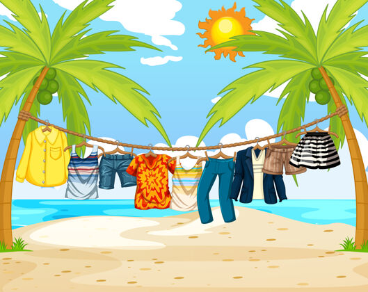 衣服别针海滩上挂着许多衣服夏天洗衣沙子