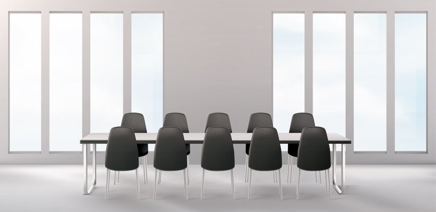 椅子空荡荡的会议室里有长长的办公桌和办公椅桌子房间长