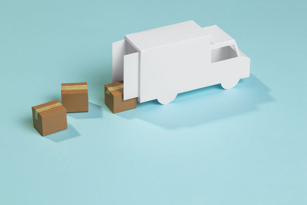 概念高角度玩具送货车和箱子交付水平要素