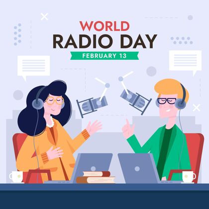 收音机平面设计世界广播日背景人物复古日音乐
