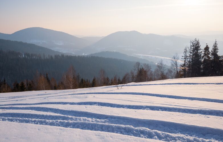 自然迷人的滑雪坡景观 雪山针叶林和阳光明媚的山脉在一个晴朗的霜天美丽的景色在滑雪胜地放松的概念文本的地方霜冻雪堆下雪