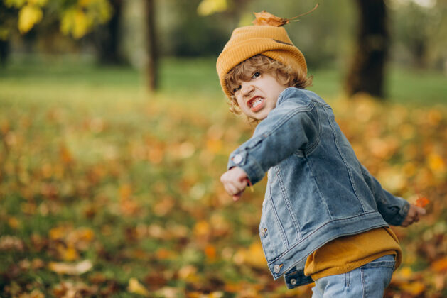 瞬间可爱的男孩在秋天公园玩树叶享受男孩孩子