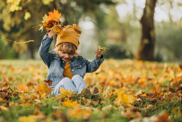 小可爱的男孩在秋天公园玩树叶帽子玩树叶树叶