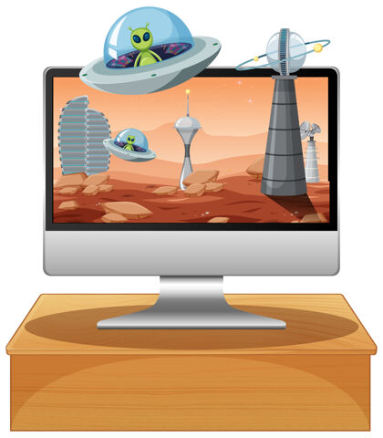外太空独立的电脑桌面上有空间主题背景屏幕不明飞行物电脑