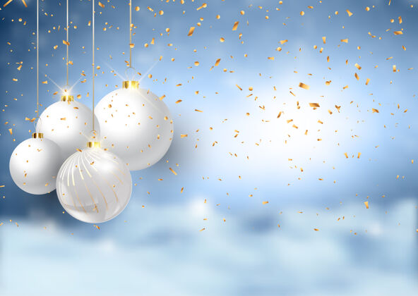 金色散焦的雪景上的圣诞饰品装饰物球悬挂
