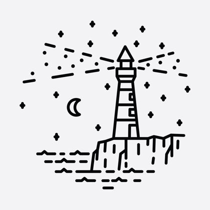 日落海滩自然灯塔冒险野生线徽章补丁针图形插图艺术t恤设计海滩大海太平洋