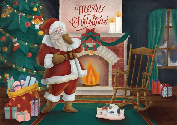 圣诞老人圣诞快乐手绘卡片插图圣诞老人夏娃