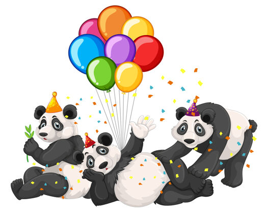 动物熊猫组在派对主题上隔离白色背景熊动物野生