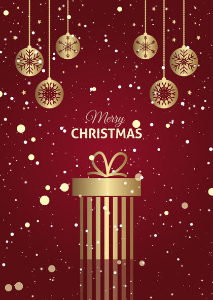 球红色和金色圣诞礼物背景与悬挂饰品问候贺卡圣诞快乐