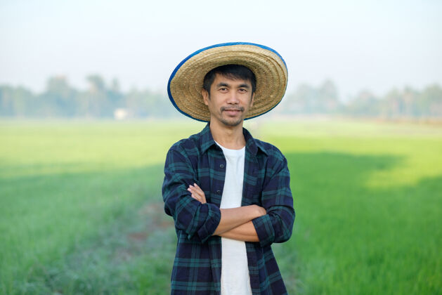 蓝色一个戴着帽子的亚洲农夫站在绿色的稻田里 双手交叉好帅气一