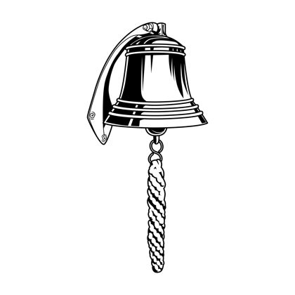 海洋航海钟矢量插图复古单色铜钟与绳子帆船或航海概念的标签或标志模板航海单色绘画