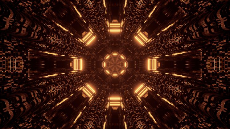 科幻未来科幻八角曼荼罗设计与棕色和金色灯光背景背景分形光
