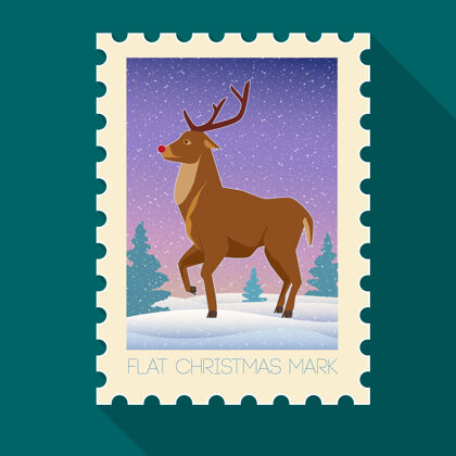 风景喜庆的圣诞邮票单位与鹿和冬季景观上的深绿松石文字降雪问候