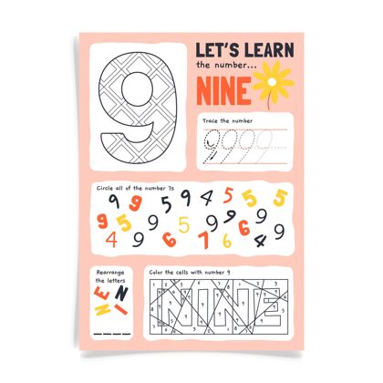 早期数字9工作表 彩色数字数字早期教育发展