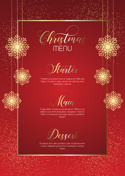 圣诞节优雅的圣诞菜单设计与闪烁的雪花雪餐厅模板