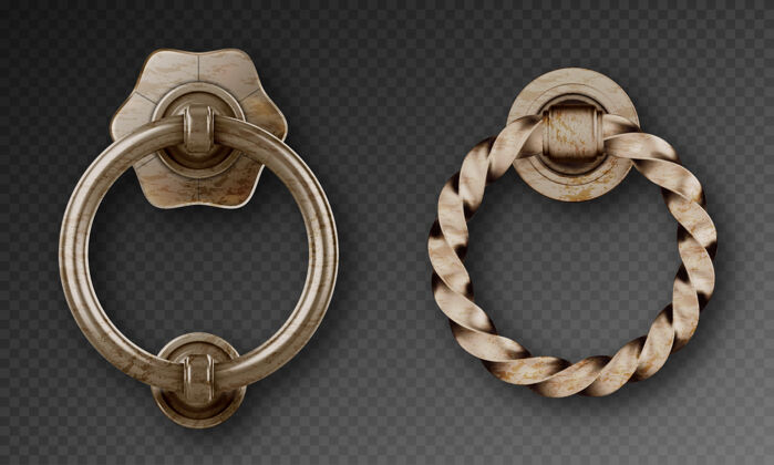 钢古老的门环 古老的金属环把手矢量逼真的生锈钢制圆形门把手 维多利亚风格的装饰圆形把手透明扭曲门