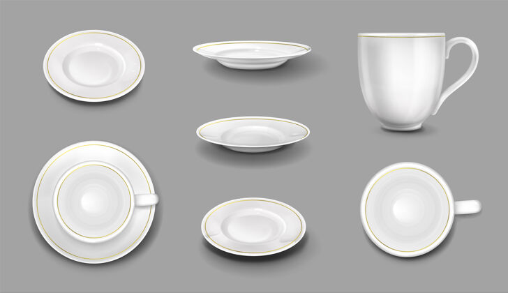 盘带金色边框的白色盘子和杯子 逼真的3d陶瓷杯子和盘子顶视图和侧视图空的陶瓷餐具 餐饮餐具 矢量插图 孤立的图标集器具碗餐具