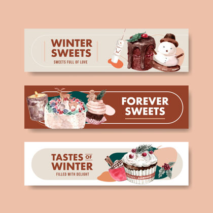 美味横幅模板设置与冬季糖果在水彩画风格横幅美味饮料
