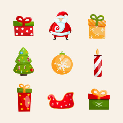 雪花圣诞图标与圣诞老人 天鹅玩具 礼品盒 蜡烛 圣诞树和圣诞饰品收集收集惊喜节日