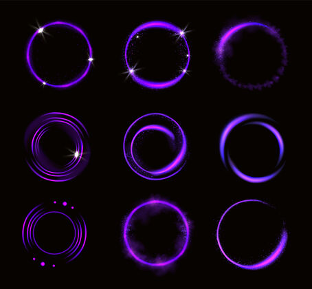 圆圈闪闪发光的紫色圆圈 圆形框架 闪闪发光或精灵灰尘闪亮的边界 发光环 幻想设计元素孤立现实的三维矢量插图 集尾巴Bling效果