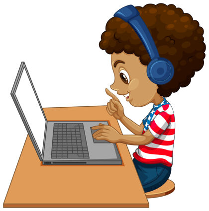作业一个男孩的侧视图 桌上放着笔记本电脑 背景是白色的键盘耳机孩子
