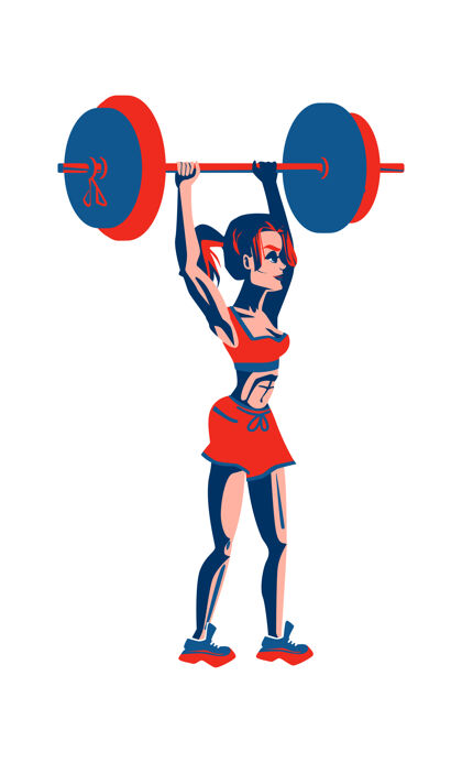 健身房女孩健美举重杠铃与一个大的重量 体育训练在健身房 卡通矢量插图酒吧卡通圆盘