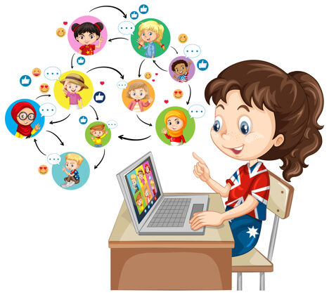 谈话一个女孩用笔记本电脑在白色背景下与朋友进行视频会议交流朋友伴侣会议
