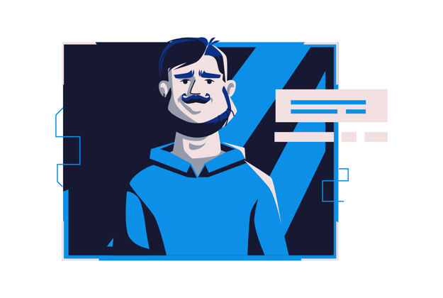 现代现代人穿着休闲服的化身 矢量卡通插画有着个人脸和头发的男人 在深蓝色电脑上的浅色数码相框中 图片为网页资料用户男人不同