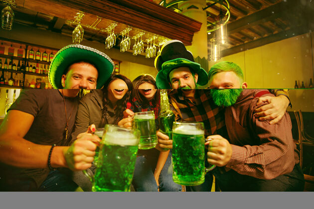 会议圣帕特里克节派对快乐的朋友们在庆祝和喝绿啤酒公司酒吧帕特里克
