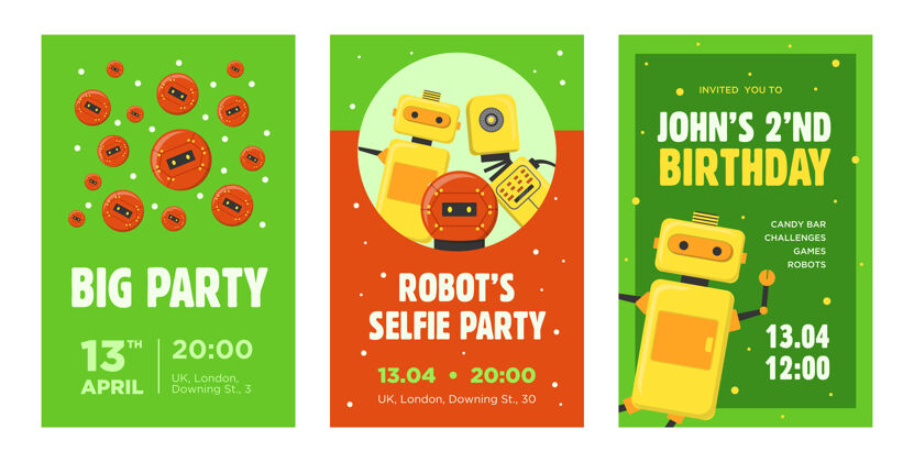 促销聚会请柬集机器人 人形 半机器人 智能机器矢量插图与文字 时间和日期样本机器人概念公告海报和传单设计仿人助理时尚