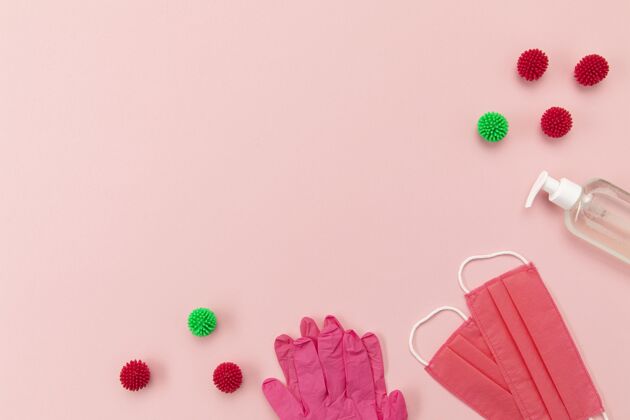 检疫顶视图粉红色的医疗面具和手套与空白电话和复印空间Ncov流感健康