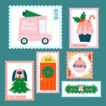圣诞快乐扁平圣诞邮票收藏平面设计平面传统